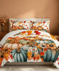 Sleepwish 3 Pieces Quilt Set Full/Queen Size, Colorful Pumpkin Fall Leaves Flower Bedding Set Lightweight Bedspreads Bed Cover